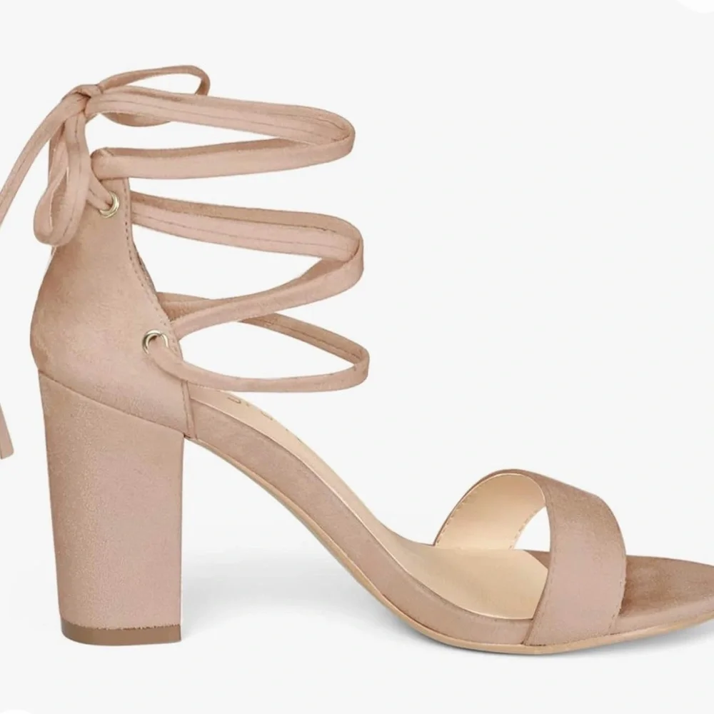 Allegra K Tie Up Strappy Heels Chunky Heel Nude Heels Size 8 Single Fron…